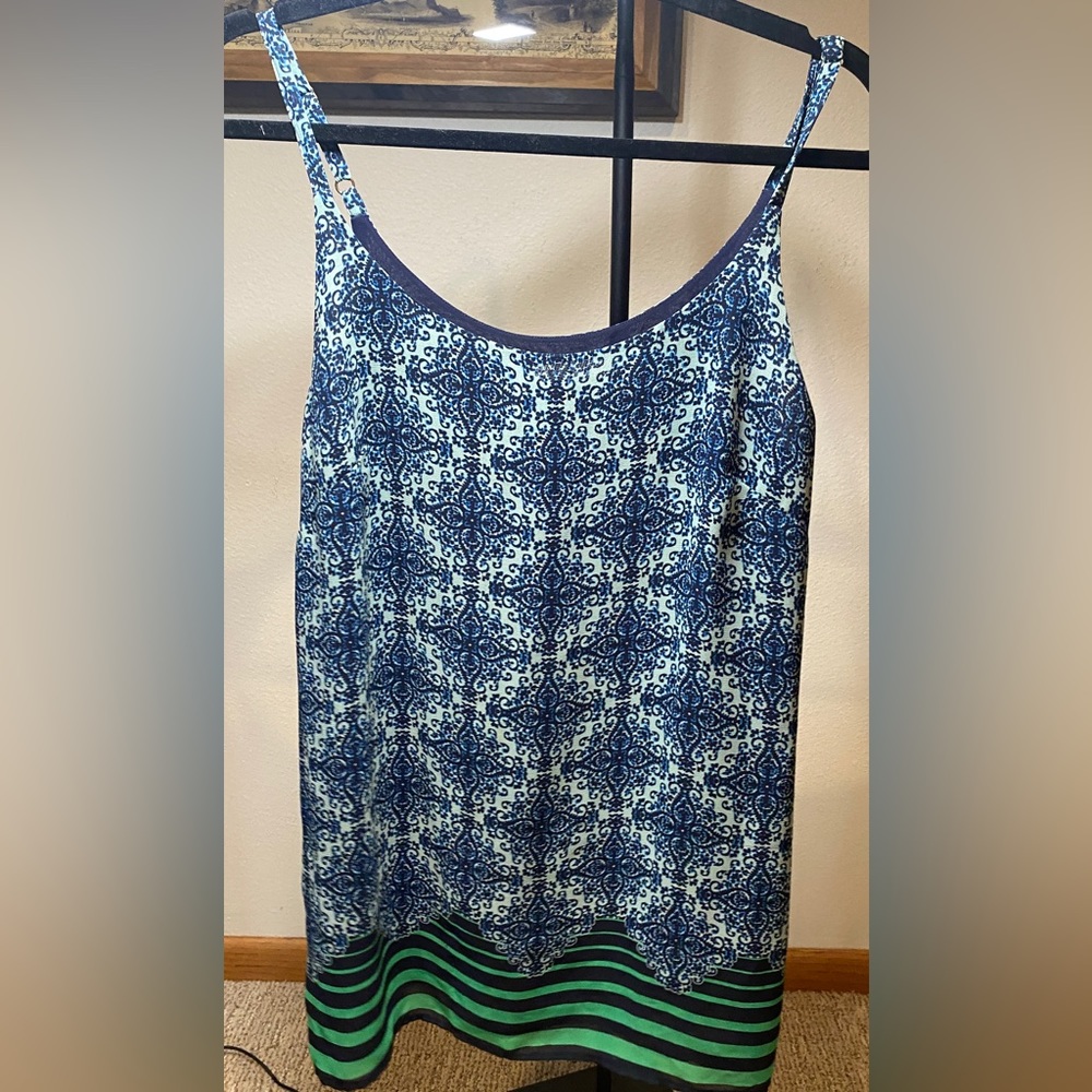 CAbi #107 Spaghetti Strap Border Stripe Blue & Green Printed Scoop Tank Top